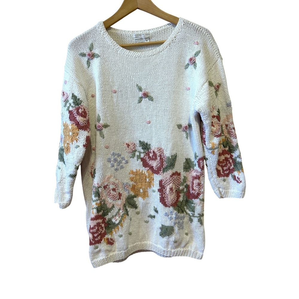 VTG Jennifer Reed Sweater Sz M White Floral Hand Knitted Ramie Blnd Cottagecore
